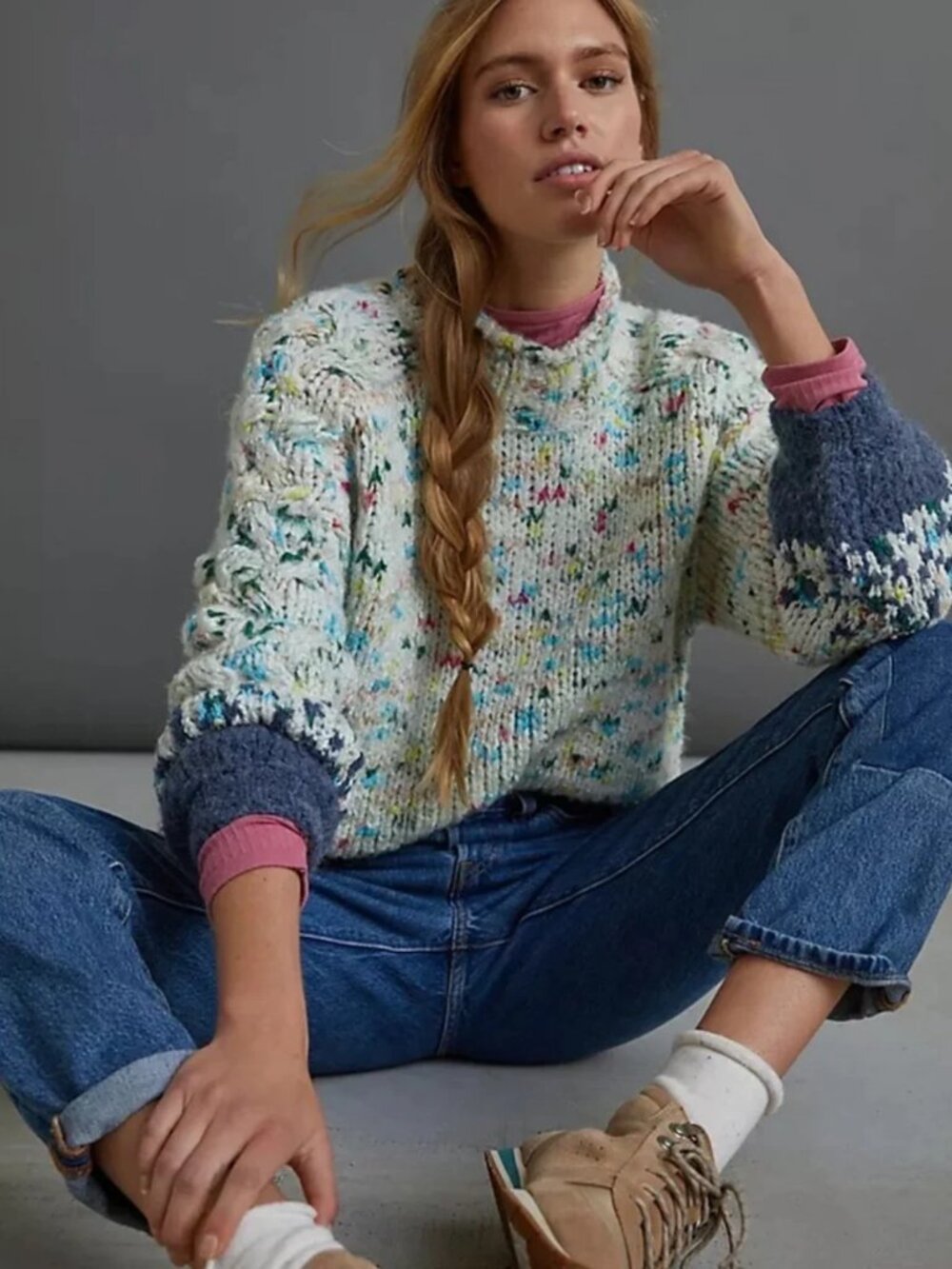 Anthropologie Cream Funfetti Speckled Roll Neck Sweater with Navy Cuffs